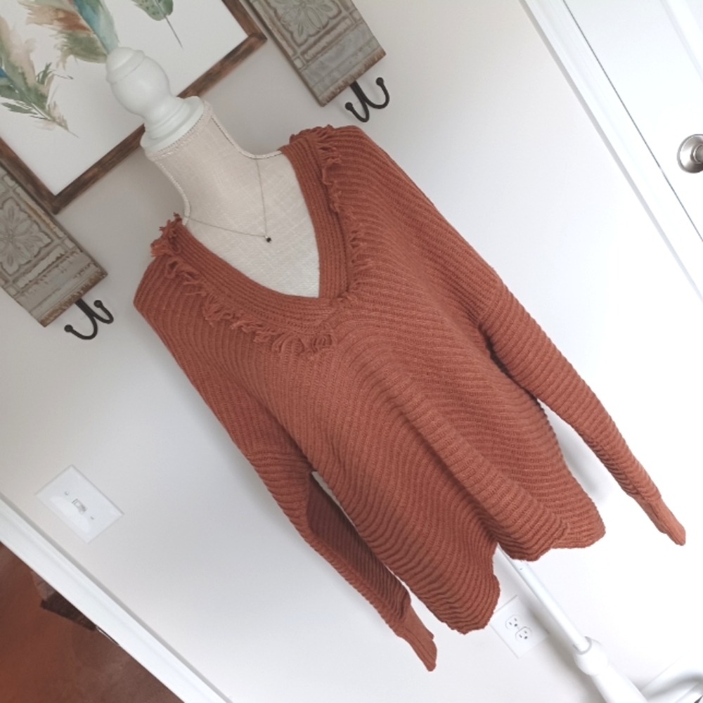 BiBi Rust Orange V-Neck Fringe Knit Sweater - Picture 3 of 9